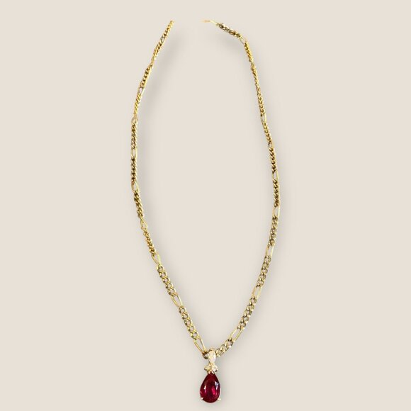 14K Gold Plated Necklace With Red Teardrop Gemstone Pendant & Rhinestones 20 Inc - Picture 5 of 6